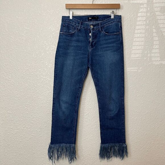 3x1 Lima Blue Denim Fringed Straight Leg Crop Cropped Jeans Women's Size 26 - Picture 2 of 9
